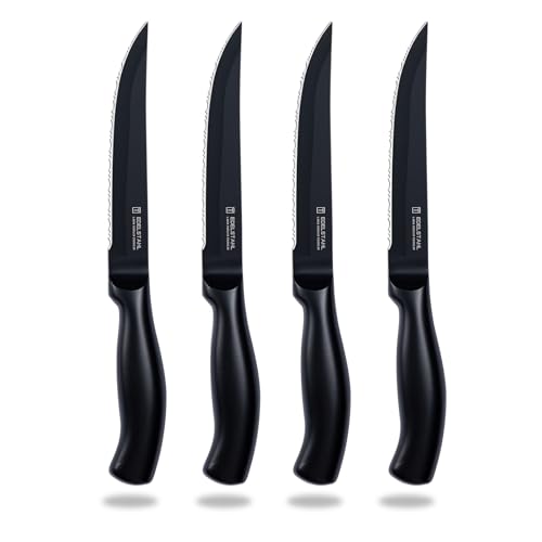 targzier Steak Knives Set of 4,Stainless Steel Steak Knife,Serrated Edge Knife,Sharp Forged Kitchen Knifes,Anti Slip&Scratch Resistant,Black