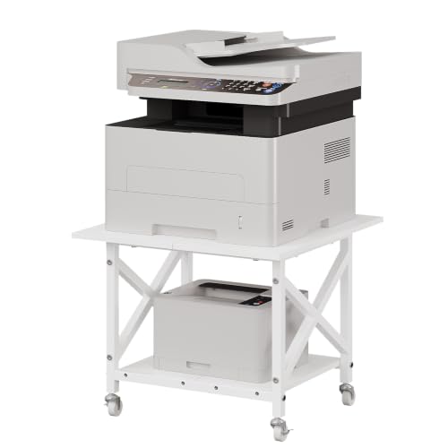 Image of VEDECASA 2 Tier Printer Stand with Wheels, 60x60cm Large Printer Table For Large Printer, Heavy Duty Rolling Printer Cart with Storage Shelf and X Frame for Home Office, White