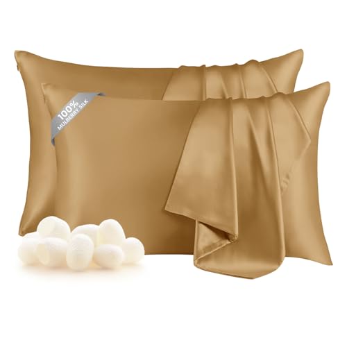 Image of THXSILK Set of 2 100% Mulberry Silk Pillowcase for Hair and Skin Health, Natural Mulberry Silk Soft and Smooth Pillowcases with Hidden Zipper, Grade 6A+ Silk (Standard 20 inchx26 inch, Metallic Gold)