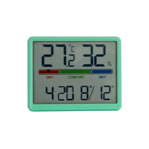 GIFTMARKET - Termómetro de interior digital. Termómetro digital con higrómetro. Indicador de confort, reloj y calendario. Termómetro de color verde. Ideal para hogar. ABS. Medidas: 9,3 x 7,2 x 1,6 cm