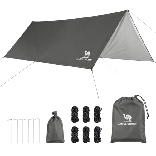 CAMEL CROWN Camping Tarp,3000mm Waterproof & UPF 50+ Sun Protection Rain Fly Tarp - Lightweight Portable Camping Shelter with Stakes, Guy Lines & Carry Bag, for Hiking Backpacking Beach Picnic Shade