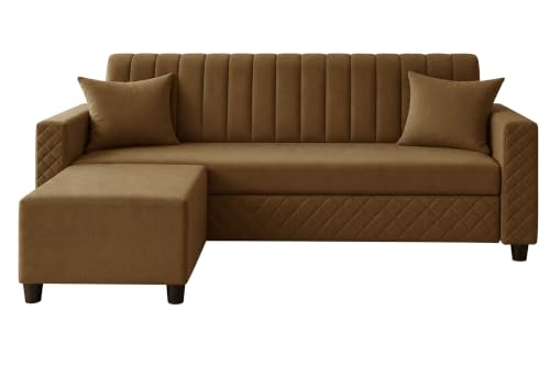 Image of 3 Seater Velvet Sofa with Ottoman | Modern Upholstered Couch | Quilted Design | Soft Comfortable Seating | Sturdy Wooden Frame | Living Room, Office - Golden
