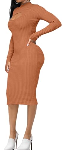 Image of Oxgmoky Women's Church Long Sleeve Sweater Dress Ribbed Bodycon Midi Work | Soft ribbed knit bodycon midi sweater dress with sleeveless cut and round neck for church, work and dinners