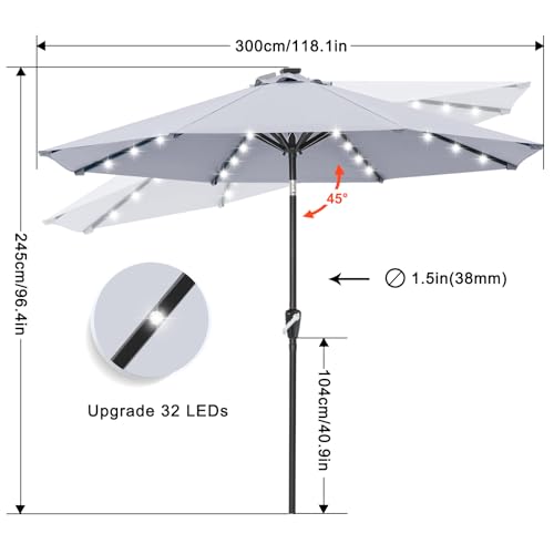 Image of ABCCANOPY 10FT Durable Solar Led Patio Umbrellas with 32LED Lights (Gray)