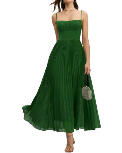 Women's Pleated Light Flowy Tulle Spaghetti Straps Corset A Line Evening Party Wedding Guest Dresses
