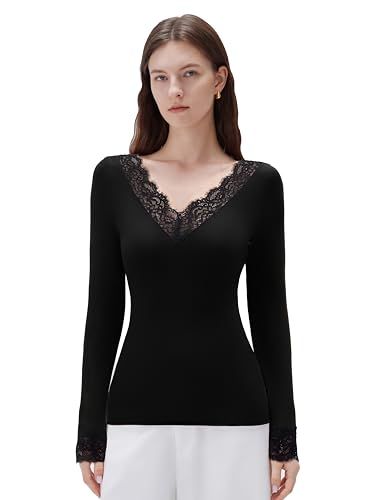 SUUKSESS Cloud Cashmere Blend Women Basic Tops V Neck Boat Neck Lace Going Out Long Sleeve Shirt (Black,XL)