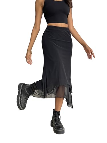 Avanova Women Mesh Asymmetrical Mermaid Midi Skirt High Waist Fishtail Long Skirt4