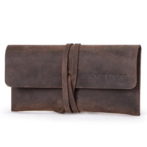 CONTACTS Estojo de Couro Legítimo Retro para Canetas e Lápis, Sem Forro, Grande Capacidade, Organizador de Escritório, Acessório de Estudo com Faixa de Couro e Logo Estampado, Luxo(Marrom)