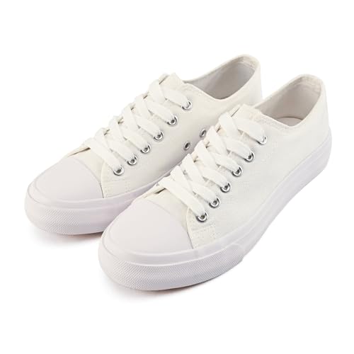 dolphinslides Ladies Canvas Shoes Low Top Trainers for Women Men Classic Lace Up Sneakers Canvas Plimsolls Pumps Casual Tennis Shoes Slip On Lightweight Comfortable Sneakers All White 250