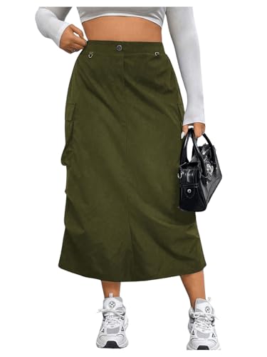 OYOANGLE Women's Plus Size Elastic High Waist Cargo Skirt Casual Solid Midi Skirts