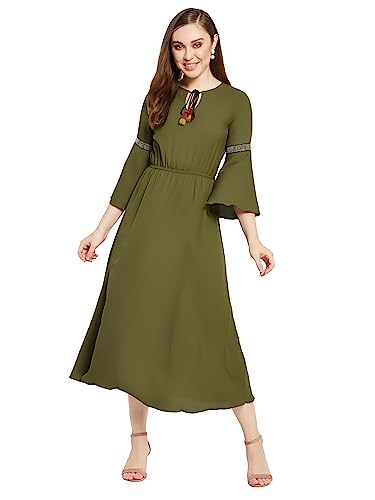 Miss Olive Women's Round Neck 3/4 Sleeve Solid Gathered Embroider...