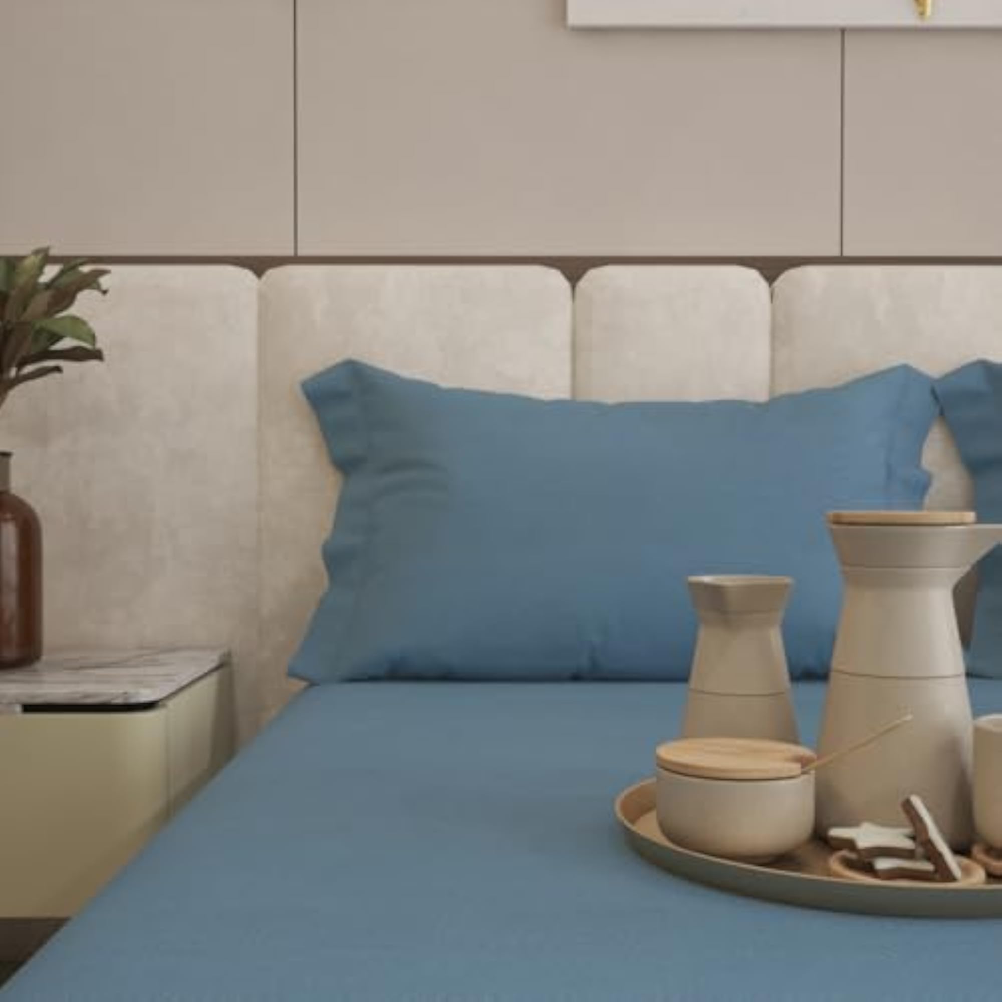 400 TC Cotton Queen Size Bedsheet Set, Blue