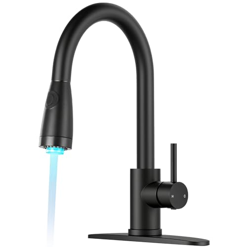 Image of LED Kitchen Faucet with Pull Down Sprayer - Matte Black Single Handle Kitchen Faucets, High Arc Stainless Steel Pull Out Kitchen Sink Faucet with Deck for RV Laundry Farmhouse Bar