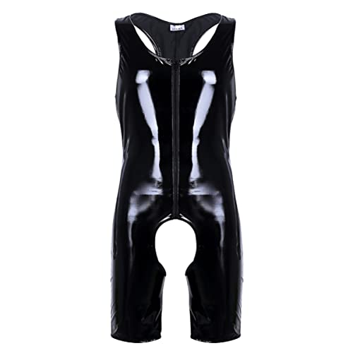 iEFiEL Herren Lackleder Overalls Wetlook Dessous Unterhemd Fitness Body Ouvert-Panties Trikot Bodysuit Ringershirt Schwarz Clubwear Schwarz XL