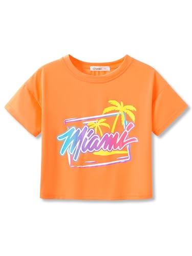 Image of Dvenki Girls Graphics Crop Short Sleeve Crewneck Tee Size 6-18 | soft cotton blend fabric, cropped short hem, fun graphic print, casual summer tops for school and vacation