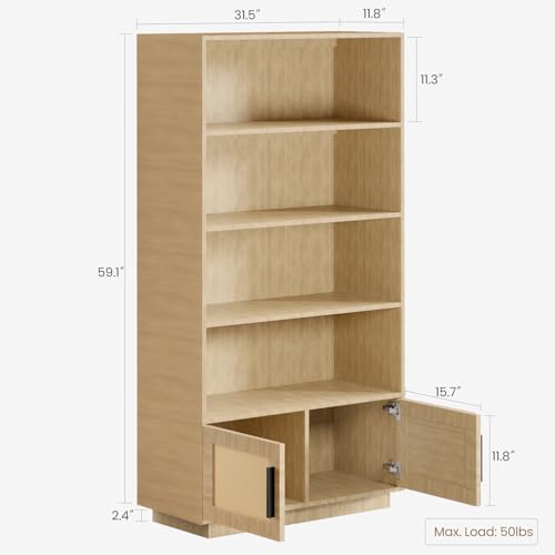GarveeHome 5 Tier Bookshelf, Boho Bookcase with Rattan Doors, Wooden Bookcase and Bookshelf with Storage, Tall Book Stand, Large Bookshelf for Living Room, Bedroom, Home Office, Kitchen