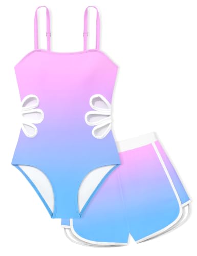 Image of Girls Swimsuit Adjustable Straps Cut Out One Piece Bathing Suit with Solid Color Cover Up Skirt Girls' Swimwear 5-16Y