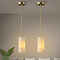 CEENWE Alabaster Pendant Lights Kitchen Island, Gold Hand Carved Alabaster Cylinder Pendent, Spanish Natural Marble Light Pendant for Bedroom Bathroom Dining Room Living Room- 2 PC