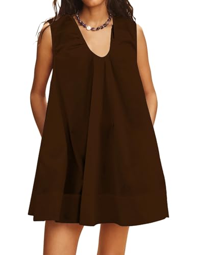Babydoll Dress for Women Sleeveless Summer Mini Dress Scoop Neck Flowy Cotton Short Dresses for Teens with Pockets