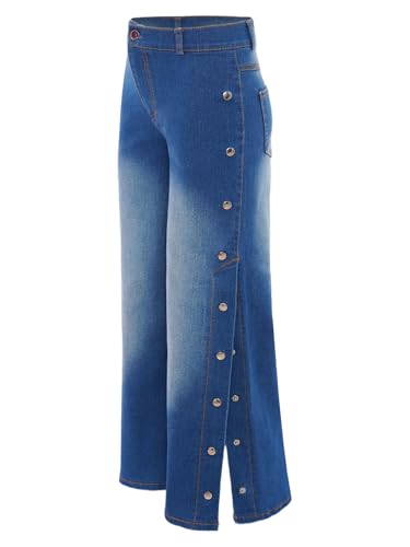 Kids Girls Jeans Button Split Side Baggy Wide Leg Denim Pants Elastic Waist Casual Denim Trousers with Pockets4