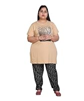 COMFYTOWN Women's Plus Size Cotton Blend Co-Ord Set Half Sleeve Printed Round Neck | Night Dress,Night Suit, Daily Use Top and Pyjama Set Top Color : Camel | Bottom Color : Black |
