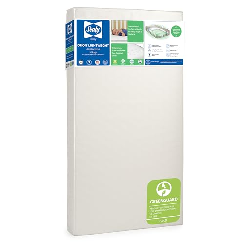 Sealy Baby Orion Antibacterial 2-Stage Breathable Crib Mattress, Toddler Bed Fit, Lightweight, Waterproof, Non-Toxic, GREENGUARD Gold Certified, USA Made, Safety & Quality Tested, 52x28