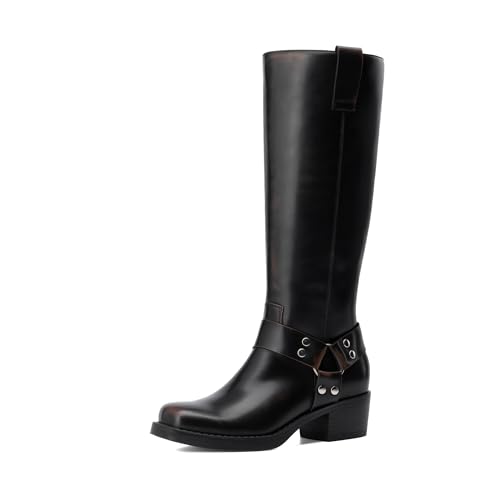 DREAM PAIRS Women's Square Toe Knee High Boots Motorcycle Riding Pull-on Fashion Long Biker Boots for Women,Size 7,Black/Brown,DWUMKB2529
