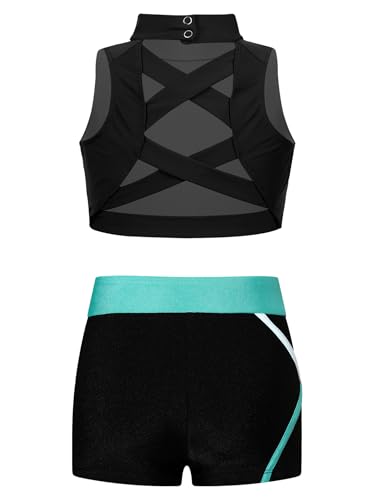 Kids Girls Pcs Dance Gymnastic Sport Outfit Sleeveless Mock Neck Crisscross Crop Top with Shorts Tracksuit
