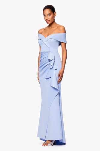 Image of Xscape Women's Long Off-the-Shoulder Sweetheart Neckline Formal Evening Gown with Ruching and Draped Ruffle Detail