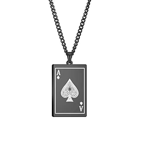 VASSAGO Men Women Ace of Spades Necklace Hip Hop Playing Card Pendent Stainless Steel Gothic Poker Card Necklace Punk Rock Jewelry (Black)