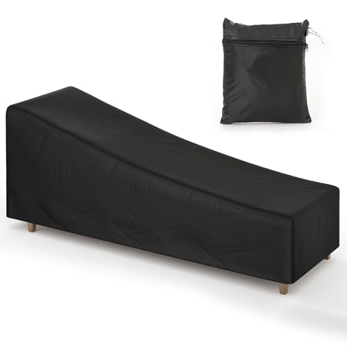 Warmiehomy Outdoor Sun Lounger Cover Waterproof Windproof Anti-UV Oxford Fabric Garden Sunbed Cover with Adjustable Hem Cord All Weather Protection Patio Furniture Protector 210×75×40/80cm- Black