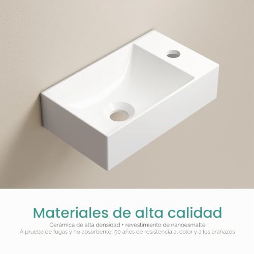 Lavabo pequeño de cerámica rectangular EMKE 38x22x10cm blanco para baño compacto 6