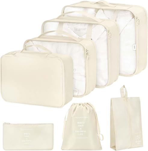 Image of polyester 7 Set Packing Cubes Luggage Packing Organizers For Travel Accessories storage organiser (beige)