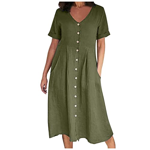 AMhomely Cotton Linen Dresses for Women-Button Down Dress Plus Size,V Neck Shirt Dresses with Pocket,Pleated A-line Sundress,Solid Casual Swing Dress,Office Work Holiday Vacation A Army Green 5XL