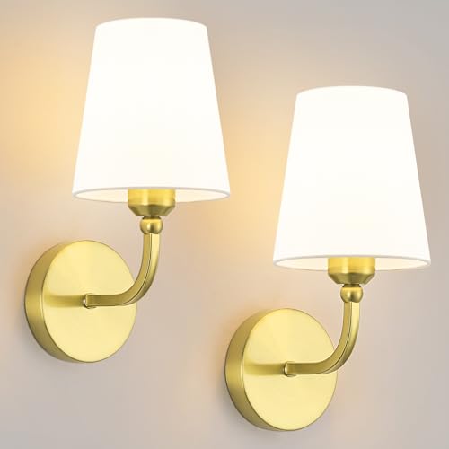 Kvhiiw Bathroom Vanity Light, Brushed Gold Bathroom Light Fixtures, 1-Light Lighting Fixtures Over Mirror, Modern Wall Sconce with Flared White Fabric Shade, E26 Socket(ETL Listed)