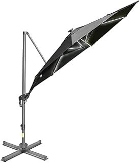 Outsunny 3m Cantilever Roma Parasol Adjustable Garden Sun Umbrella with LED Solar Light, Aluminum Frame, Tilt & Crank, UV50+, Cross Base Rotating Outdoor