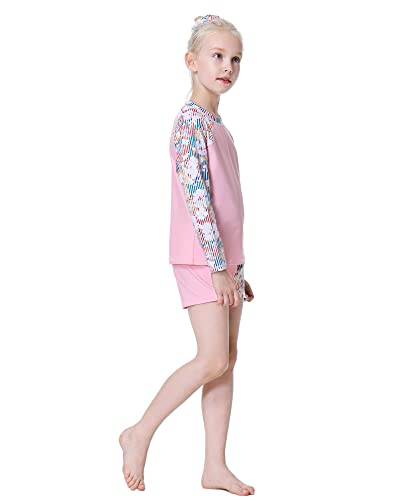 Image of Long Sleeve Swimsuits for Kids 2 Pieces Set Swimwear Quick Dry Surfing Wetsuit for Girl /Boy 5-12 Years Pink