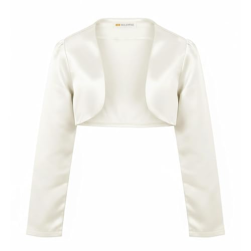 Bolerose Boléro en Satin à Manches Longues pour Fille Enfant (Ivoire, 7-8 Ans)