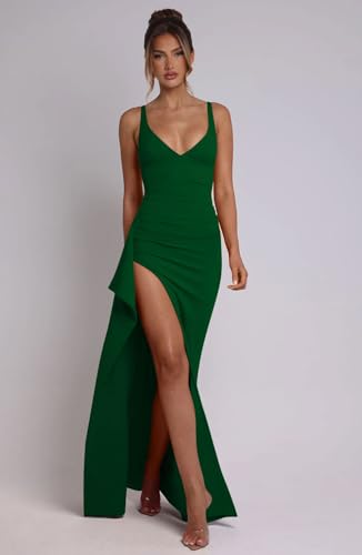 Image of Memoriesea Women's Sexy Plunge Neckline Bodycon Ruched High Slit Party Maxi Dress
