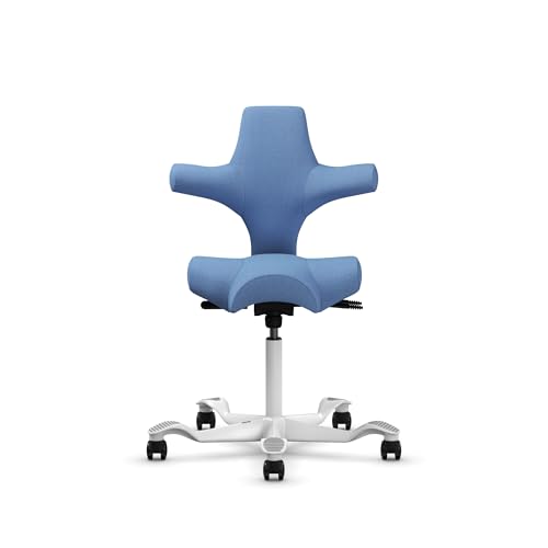 Image of HAG Capisco Sit to Stand Chair-White Frame-Upholstered Light Blue Washed