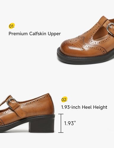 Image of BEAU TODAY Oxford Shoes for Women, Mary Jane Shoes for Women T Strap Leather Wingtip Brogue, Chunky Heel Comfortable Non Slip Dress Work Shoes