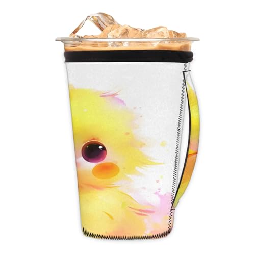 Cute Watercolour Chicken Reusable Neoprene Coffee Sleeve with Handle Insulated Iced Coffee Cup Holder Reduces Condensation Fits 24-28 oz Cups M