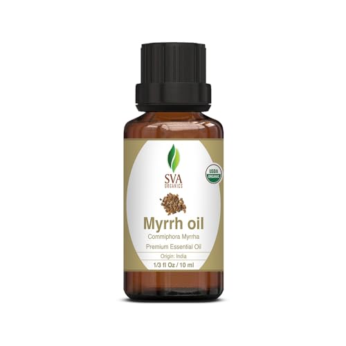 SVA Organics Myrrh Essential Oil Organic 10 ml 100% Pure USDA Certified Natural Premium Therapeutic Grade for Skin, Young Glowing Face, Hair, Personal Care, and Aromatherapy Massage