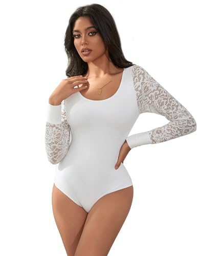 comeondear Body Mujer Sexy Manga Larga Cuello Redondo Elástico Bodysuit de Encaje Mono Leotardo Talla Grande Jumpsuits Slim Fit Shapewear Tops(Blanco,M)