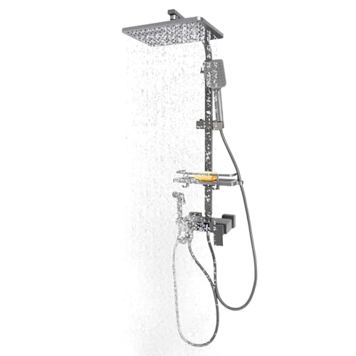 Sistema de ducha con pantalla digital, 30 x 20 cm, ducha de lluvia, grifo 4 en 1 con estante e indicador LED, color gris para montaje en pared