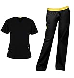 WonderWink Origins Women's Medical Uniforms Scrubs Set Bundle- 6016 Bravo V-Neck Scrub Top & 5016 Quebec Elastic Cargo Scrub Pants & MS Badge Reel (Black - Medium/Medium)
