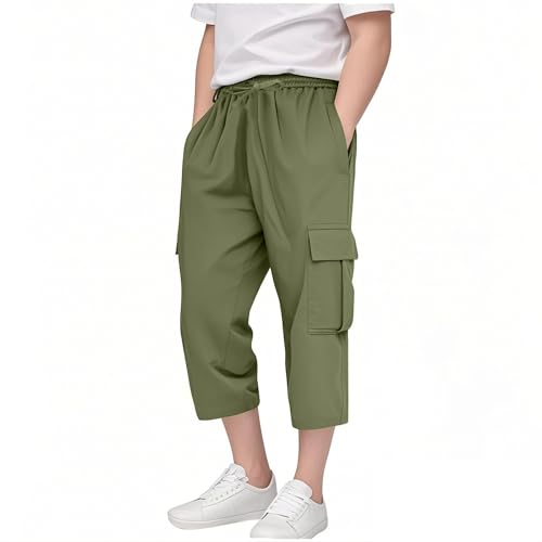 Boy's Wide Leg Cropped Cargo Pants Plain Athletic Capri Pants Drawstring Basketball Khaki Quick Dry Cargo Trousers