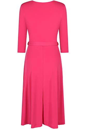 Image of Women's 3 /4 Sleeve Faux Wrap Midi Dress Knee Length Fuchsia S