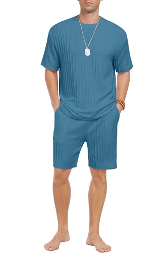 PrinStory Mens Pajamas Set Summer Pjs Sets Lightweight Short Sleeve Pajama Shorts Set Soft Sleepwear Loungewear with Pockets Peacock Blue-M — view 4