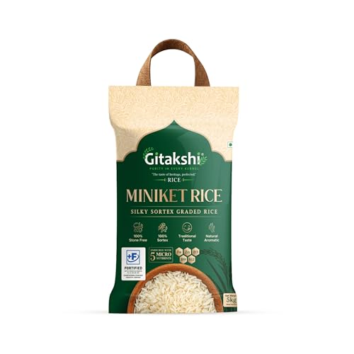 Image of Gitakshi Premium Miniket Rice 5 kg | Silky Long Grain Sortex Graded Rice | Fortified with Iron, Folic Acid, Vitamin B12 & Zinc | Natural Aromatic Rice for Daily Meals & Home Cooking